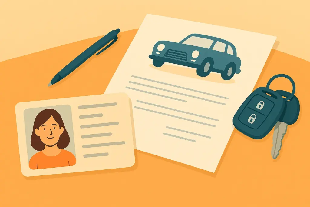 Documentos, carnet y llaves necesarios para asegurar un coche histórico sobre una mesa.