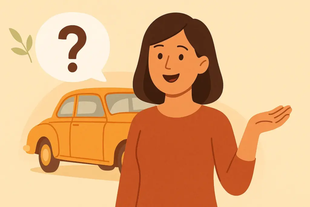 Mujer con gesto de duda frente a un coche histórico y un icono de pregunta.