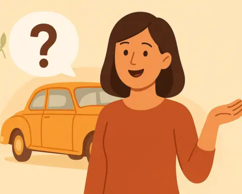 Mujer con gesto de duda frente a un coche histórico y un icono de pregunta.