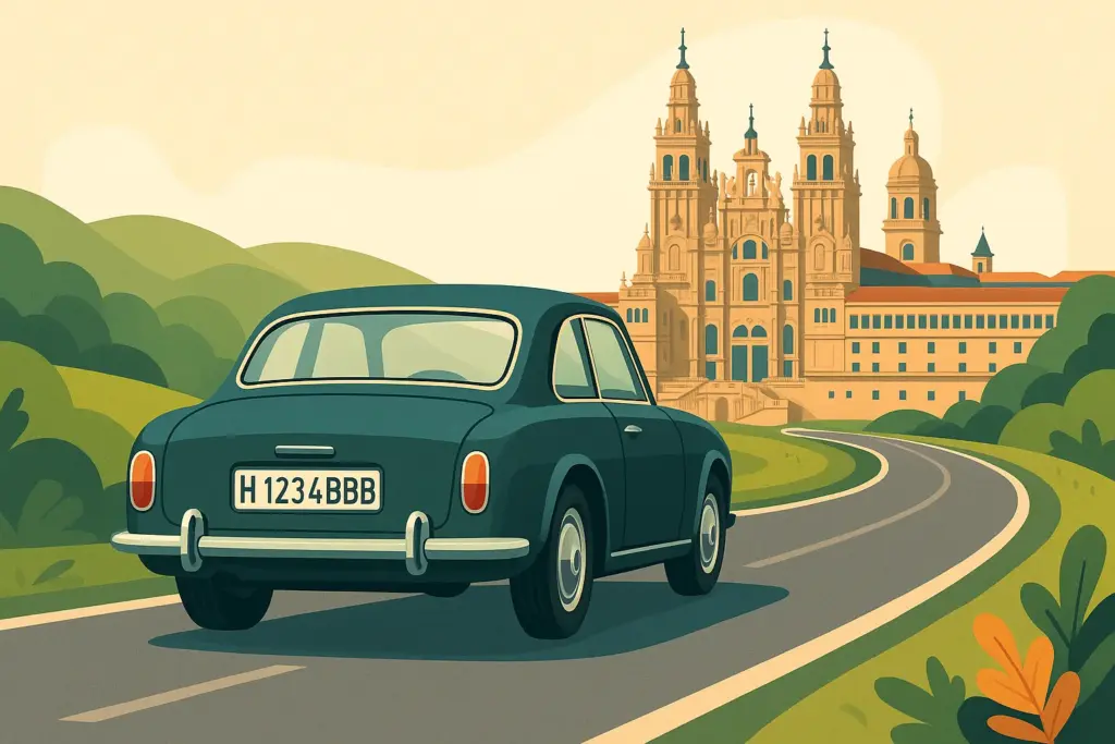 Coche histórico conduciendo por una carretera hacia la Catedral de Santiago de Compostela.