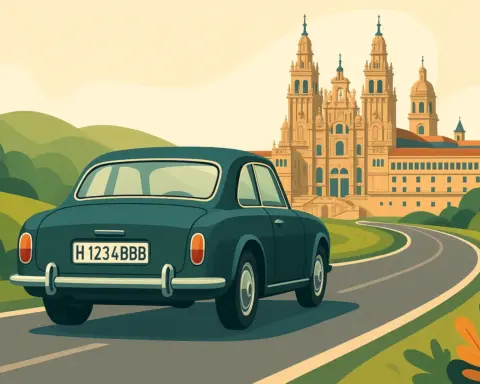 Coche histórico conduciendo por una carretera hacia la Catedral de Santiago de Compostela.
