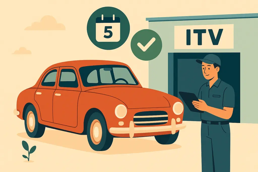 Coche clásico frente a una estación de ITV, con un operario anotando en una tablet que el vehículo a superado la inspección.