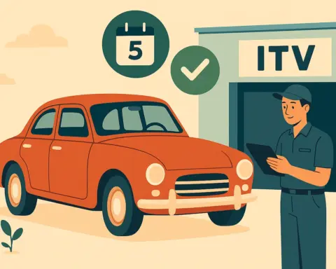 Coche clásico frente a una estación de ITV, con un operario anotando en una tablet que el vehículo a superado la inspección.