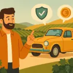 Hombre junto a su coche clásico en un paisaje de viñedos y colinas típico de La Rioja.