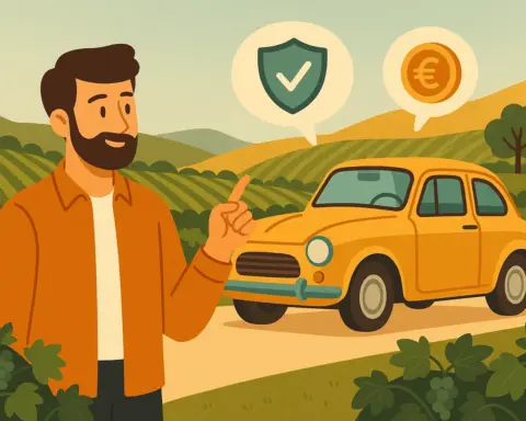 Hombre junto a su coche clásico en un paisaje de viñedos y colinas típico de La Rioja.