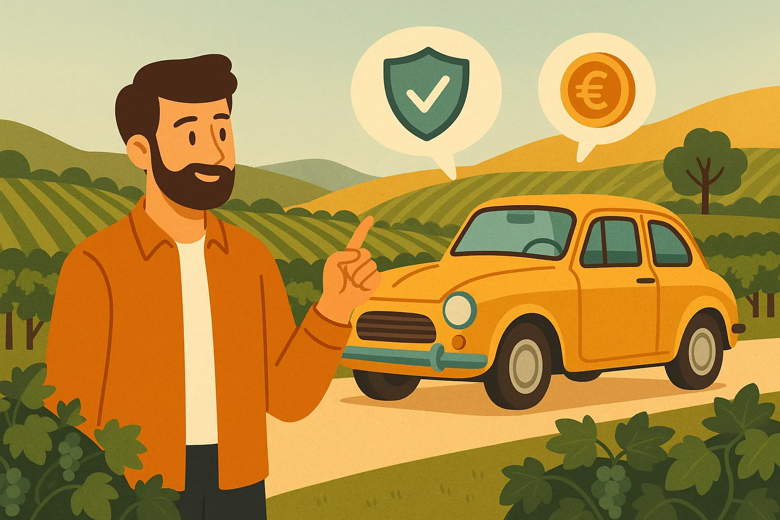 Hombre junto a su coche clásico en un paisaje de viñedos y colinas típico de La Rioja.