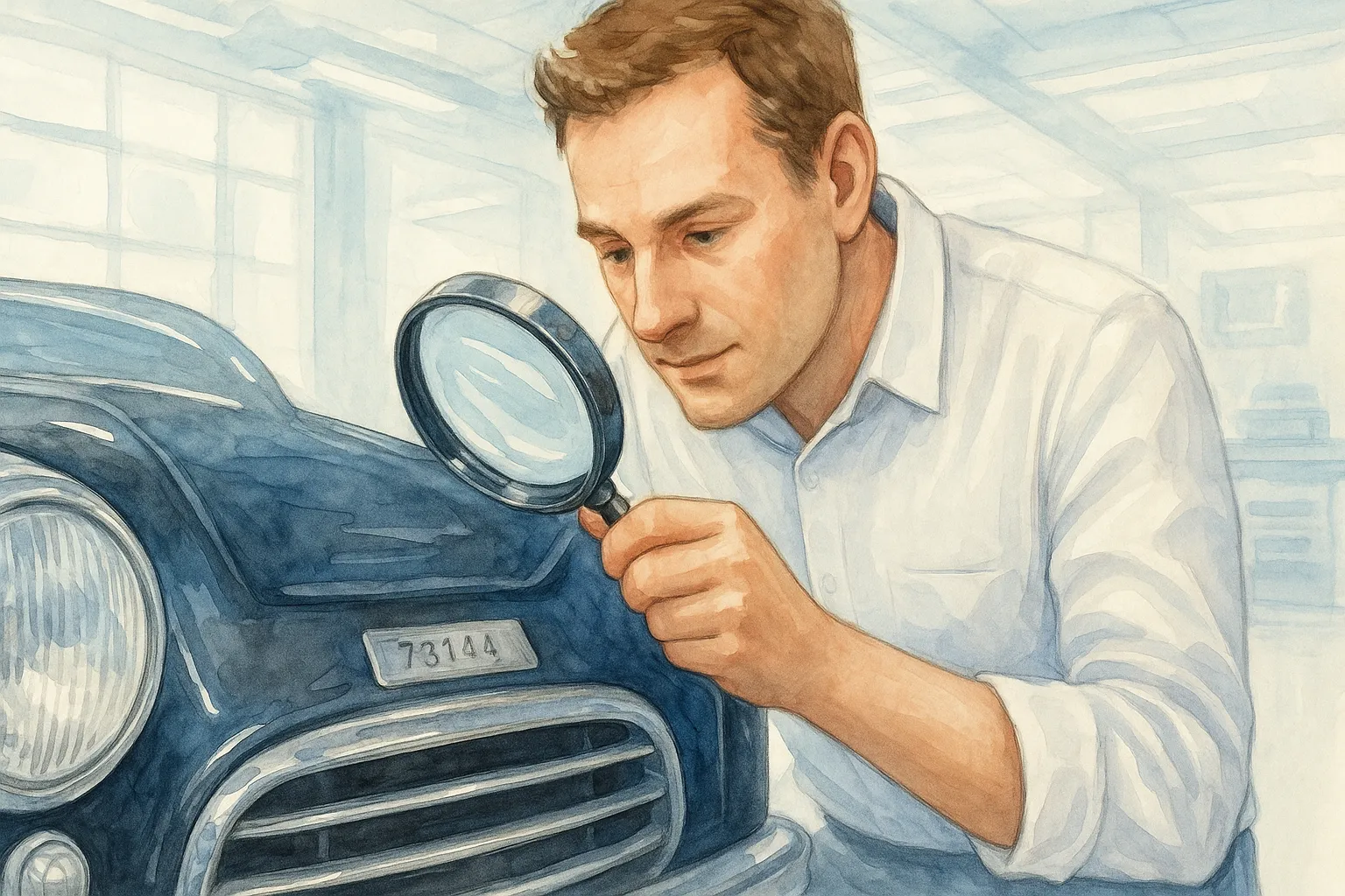 Ilustración de un experto en un laboratorio inspeccionando un coche histórico con una lupa.
