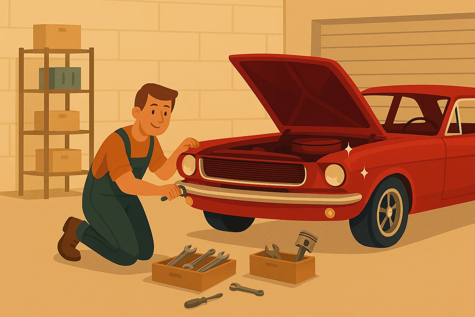 Hombre realizando el mantenimiento de un coche clásico en su garaje para demostrar al seguro que está en buen estado.