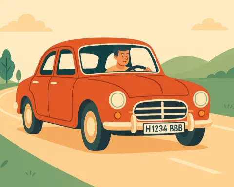 Hombre conduciendo un coche con matrícula histórica por una carretera sinuosa en un entorno rural.