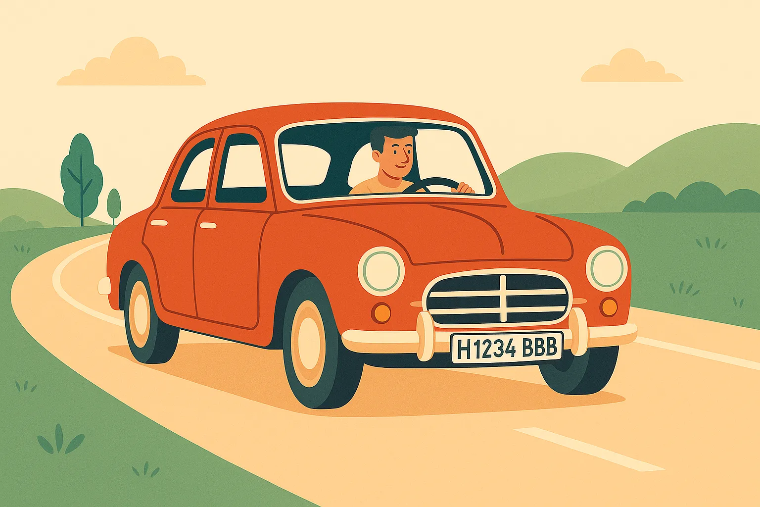 Hombre conduciendo un coche con matrícula histórica por una carretera sinuosa en un entorno rural.