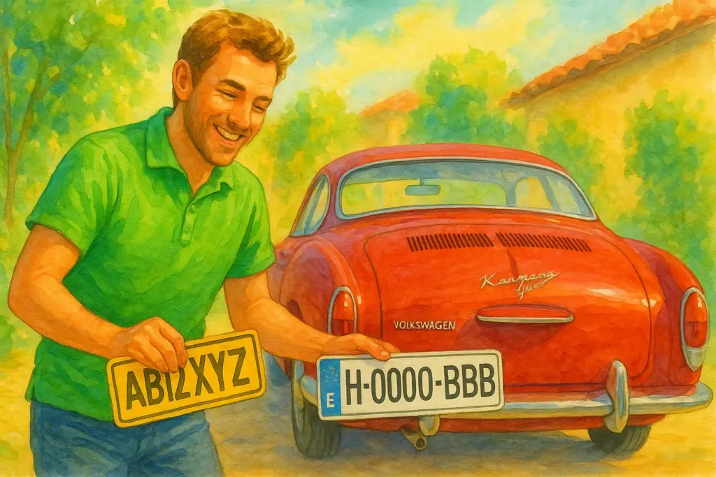 Ilustración cambiando una matrícula extranjera por la histórica española en un coche clásico.