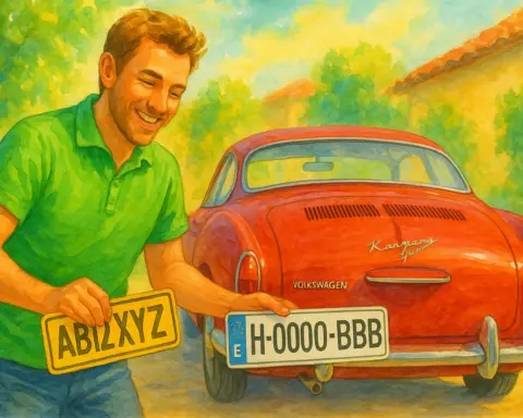 Ilustración cambiando una matrícula extranjera por la histórica española en un coche clásico.