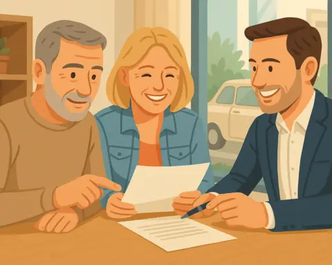 Pareja mayor revisando y firmando póliza de seguro con asesor junto a coche histórico.