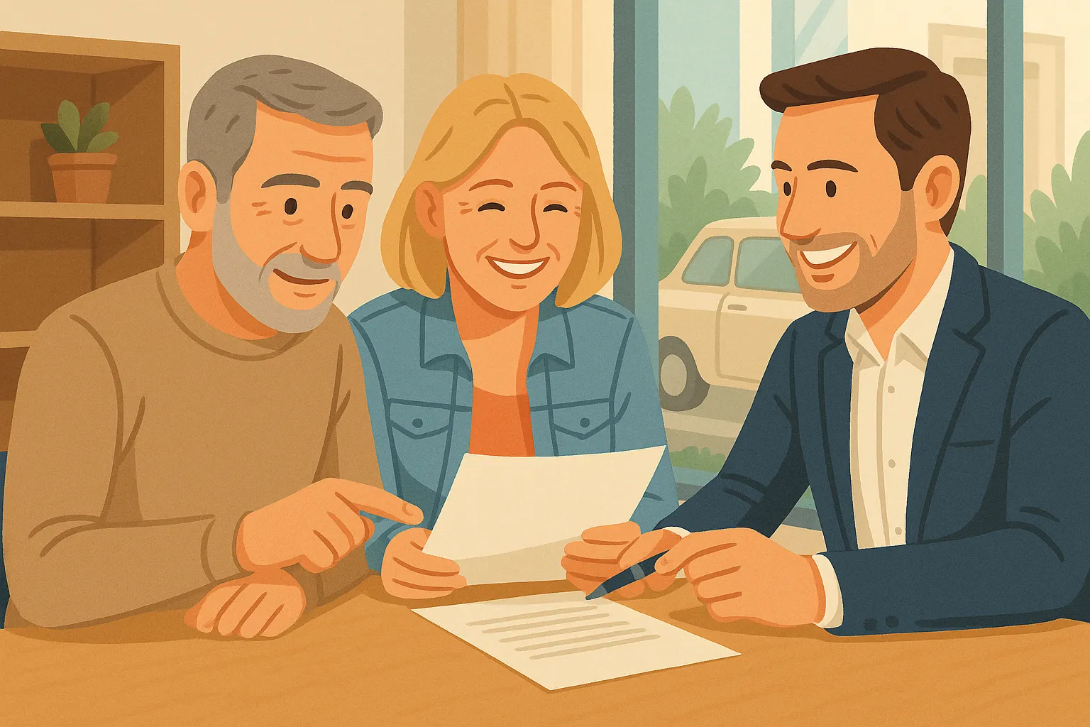Pareja mayor revisando y firmando póliza de seguro con asesor junto a coche histórico.