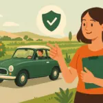 Mujer con carpeta en mano señalando un coche clásico que circula por un camino rural rodeado de campos en Murcia.