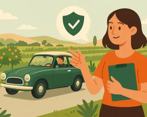 Mujer con carpeta en mano señalando un coche clásico que circula por un camino rural rodeado de campos en Murcia.