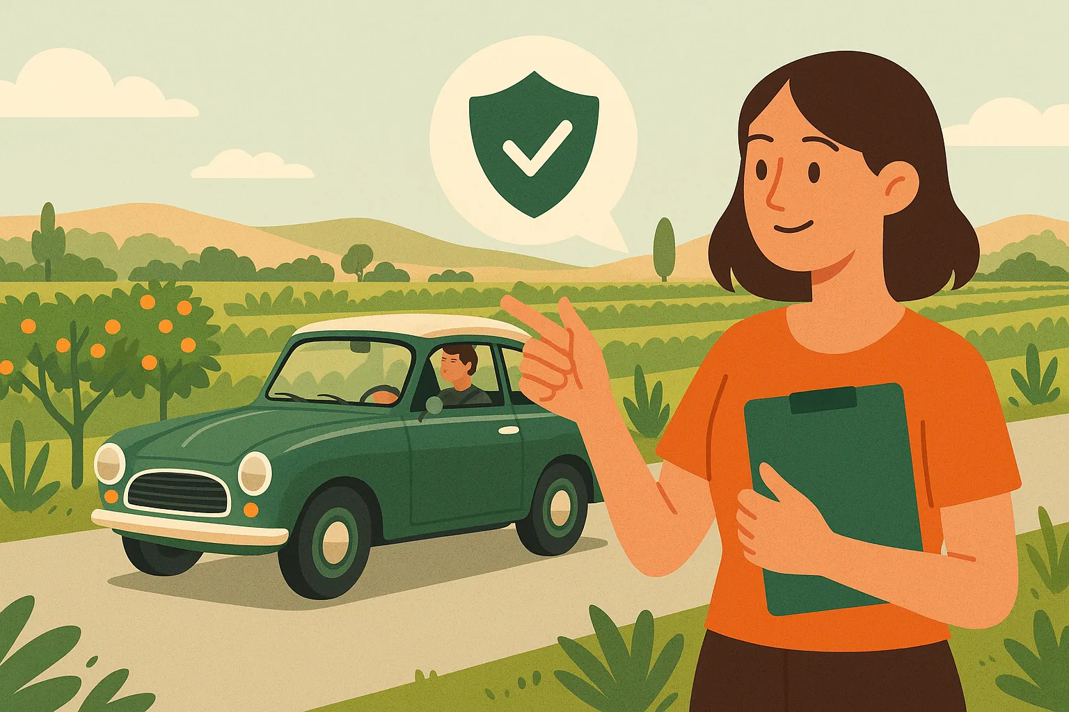 Mujer con carpeta en mano señalando un coche clásico que circula por un camino rural rodeado de campos en Murcia.