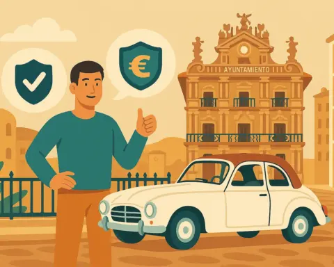 Hombre sonriente junto a un coche clásico blanco frente al Ayuntamiento de Pamplona.