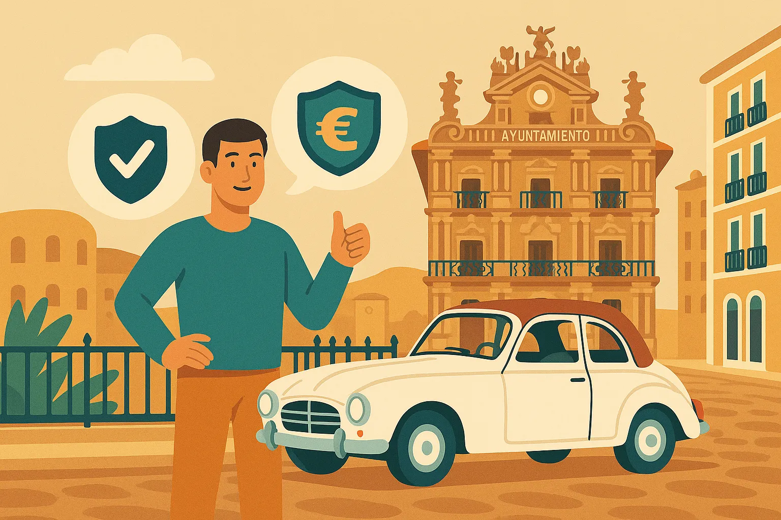 Hombre sonriente junto a un coche clásico blanco frente al Ayuntamiento de Pamplona.