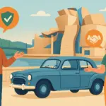 Hombre y mujer conversando frente a su coche clásico con el Museo Guggenheim de Bilbao al fondo.