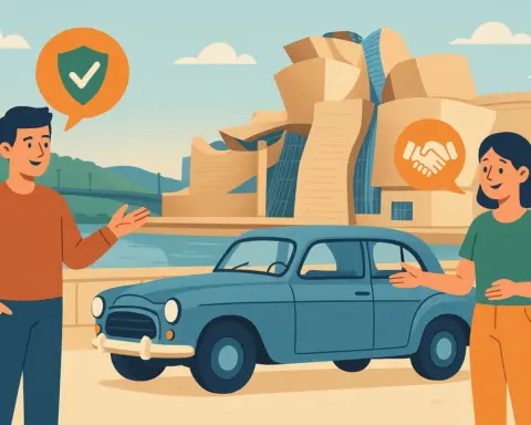 Hombre y mujer conversando frente a su coche clásico con el Museo Guggenheim de Bilbao al fondo.