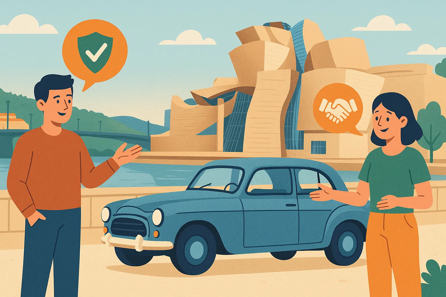 Hombre y mujer conversando frente a su coche clásico con el Museo Guggenheim de Bilbao al fondo.