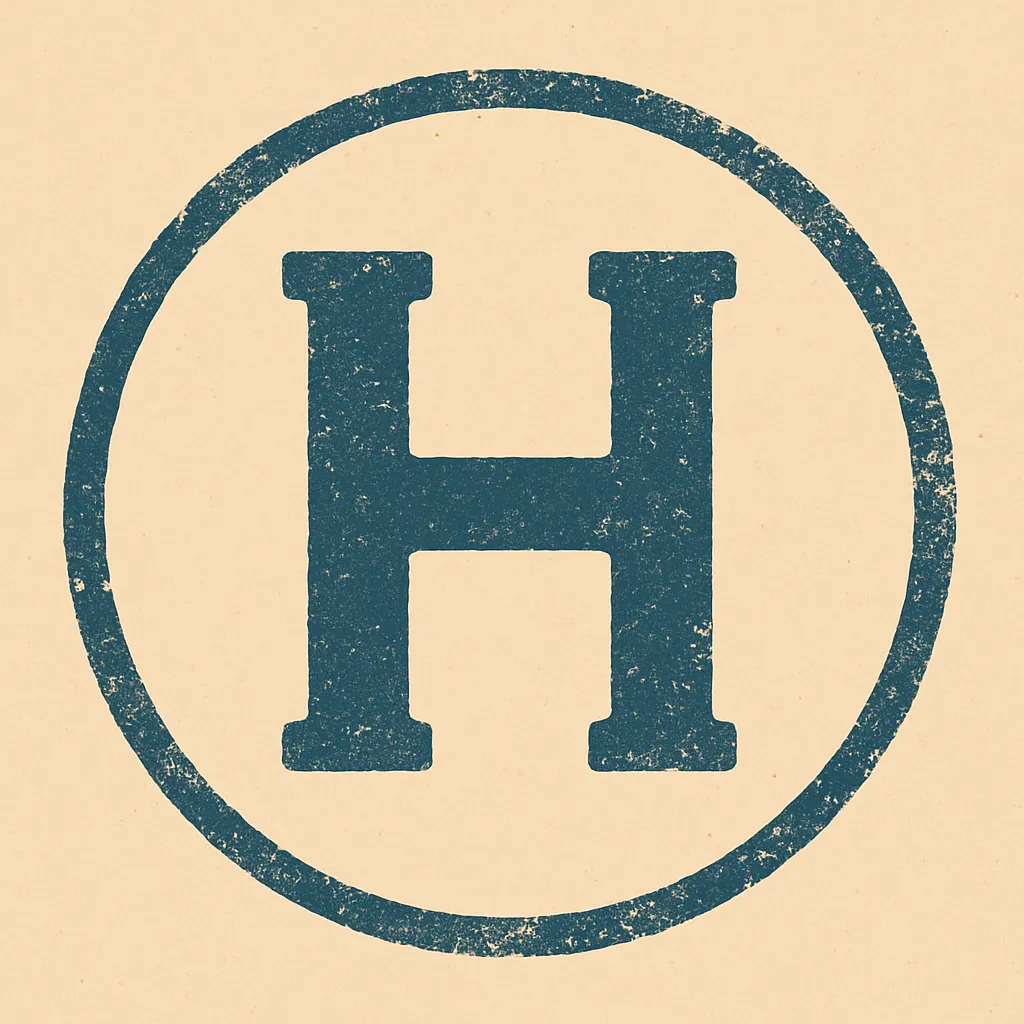 Símbolo de la letra “H” mayúscula en color azul oscuro dentro de un círculo, representando una pegatina de coche histórico.