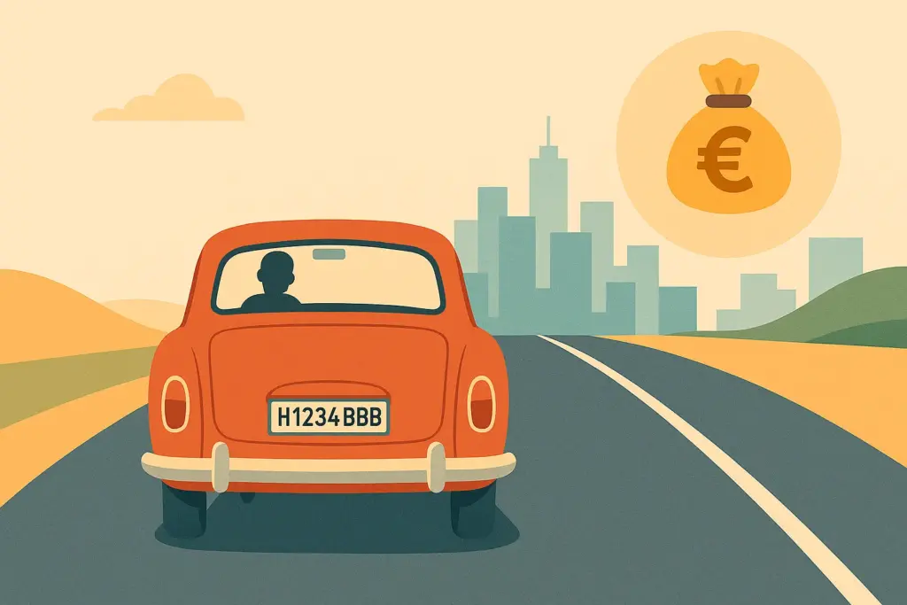 Vista trasera de un coche histórico conduciendo hacia una ciudad, acompañado de un icono de bolsa de dinero con símbolo del euro.
