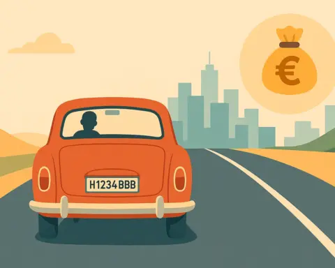 Vista trasera de un coche histórico conduciendo hacia una ciudad, acompañado de un icono de bolsa de dinero con símbolo del euro.