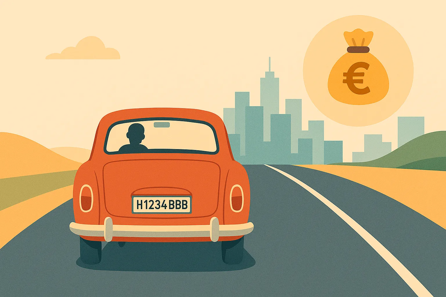 Vista trasera de un coche histórico conduciendo hacia una ciudad, acompañado de un icono de bolsa de dinero con símbolo del euro.