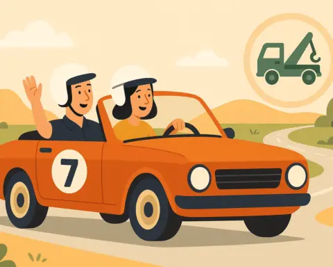 Pareja conduciendo con total garantía un coche clásico descapotable en un rally gracias al seguro que han contratado.