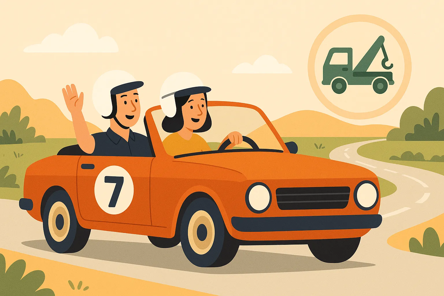 Pareja conduciendo con total garantía un coche clásico descapotable en un rally gracias al seguro que han contratado.