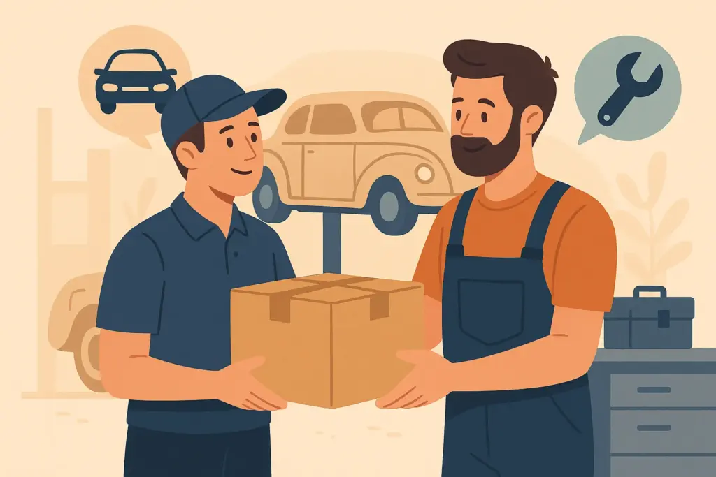 Repartidor entrega una caja con piezas de recambio a un mecánico en un taller con coches clásicos.