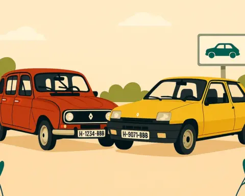 Un R4 y un R5 en una concentración de vehículos clásicos al aire libre, con árboles y un cartel con icono de coche en el fondo.