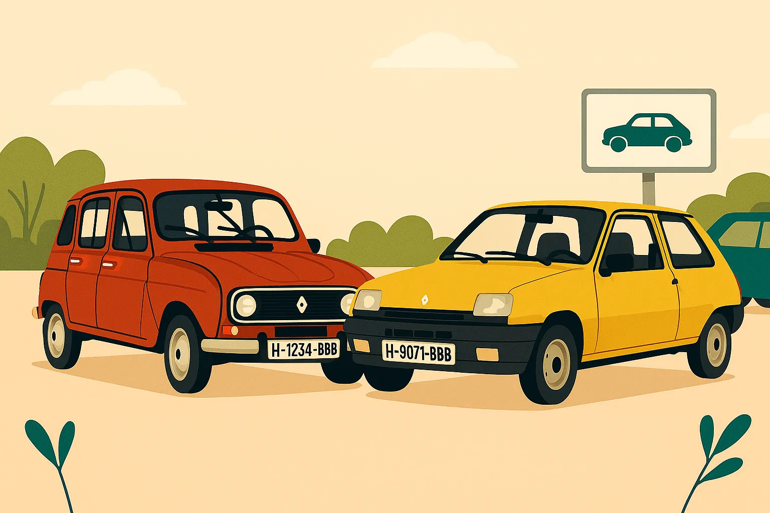 Un R4 y un R5 en una concentración de vehículos clásicos al aire libre, con árboles y un cartel con icono de coche en el fondo.