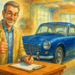 Ilustración de un experto verificando los requisitos de un coche histórico en una lista.