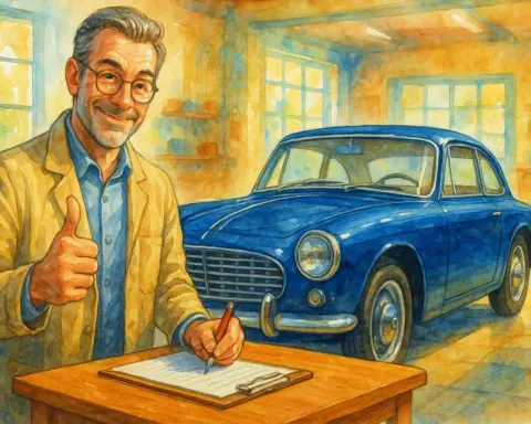 Ilustración de un experto verificando los requisitos de un coche histórico en una lista.