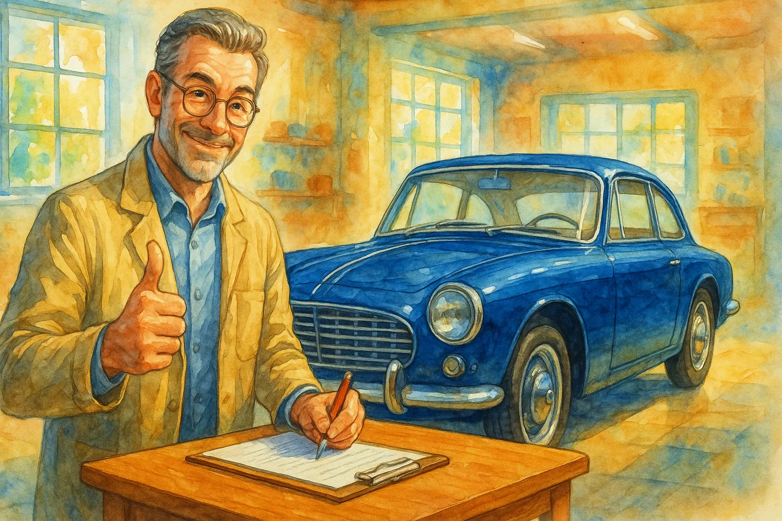 Ilustración de un experto verificando los requisitos de un coche histórico en una lista.