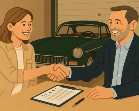 Mujer y asesor estrechando manos frente a coche histórico en proceso de aseguramiento.