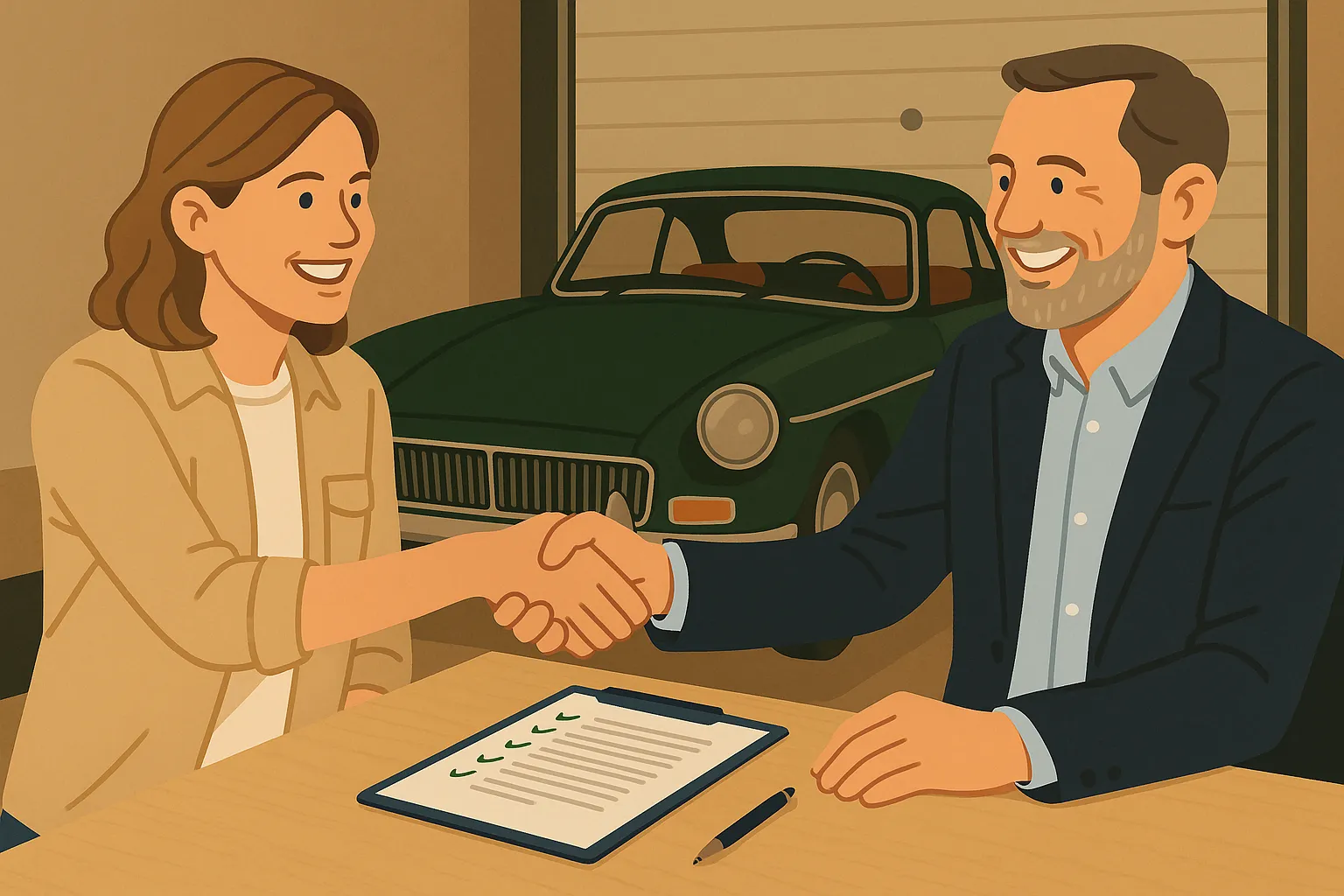 Mujer y asesor estrechando manos frente a coche histórico en proceso de aseguramiento.