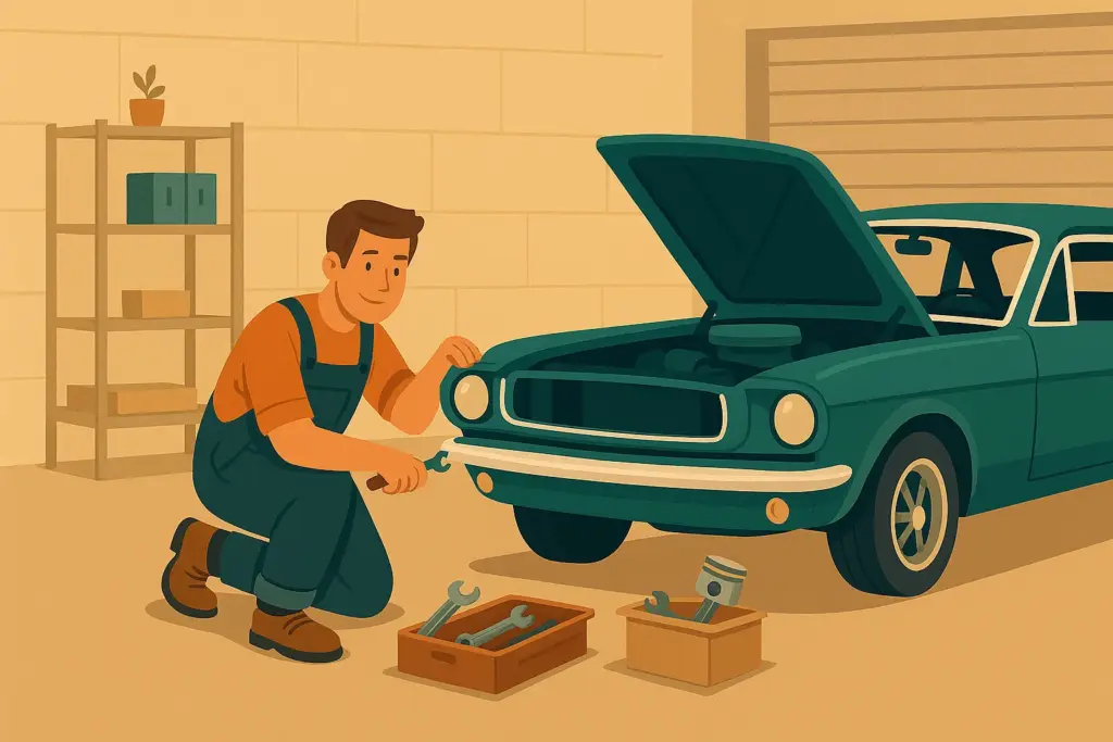 Un mecánico del seguro restaura un coche clásico americano en un taller con sumo cuidado porque es un vehículo histórico.