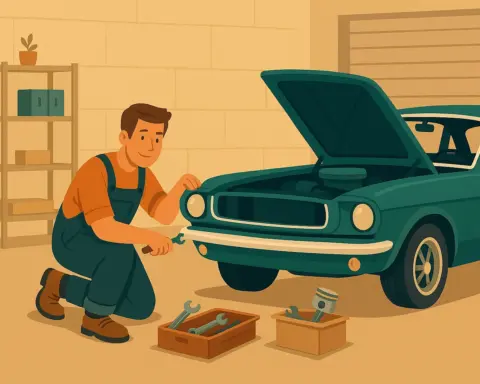 Un mecánico del seguro restaura un coche clásico americano en un taller con sumo cuidado porque es un vehículo histórico.