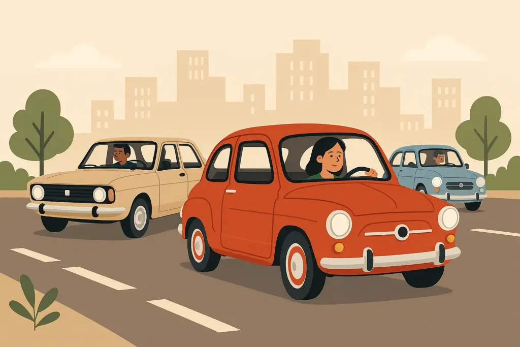 Tres coches clásicos de SEAT circulan por una ciudad con total garantía gracias a que tienen un seguro de coche para históricos.