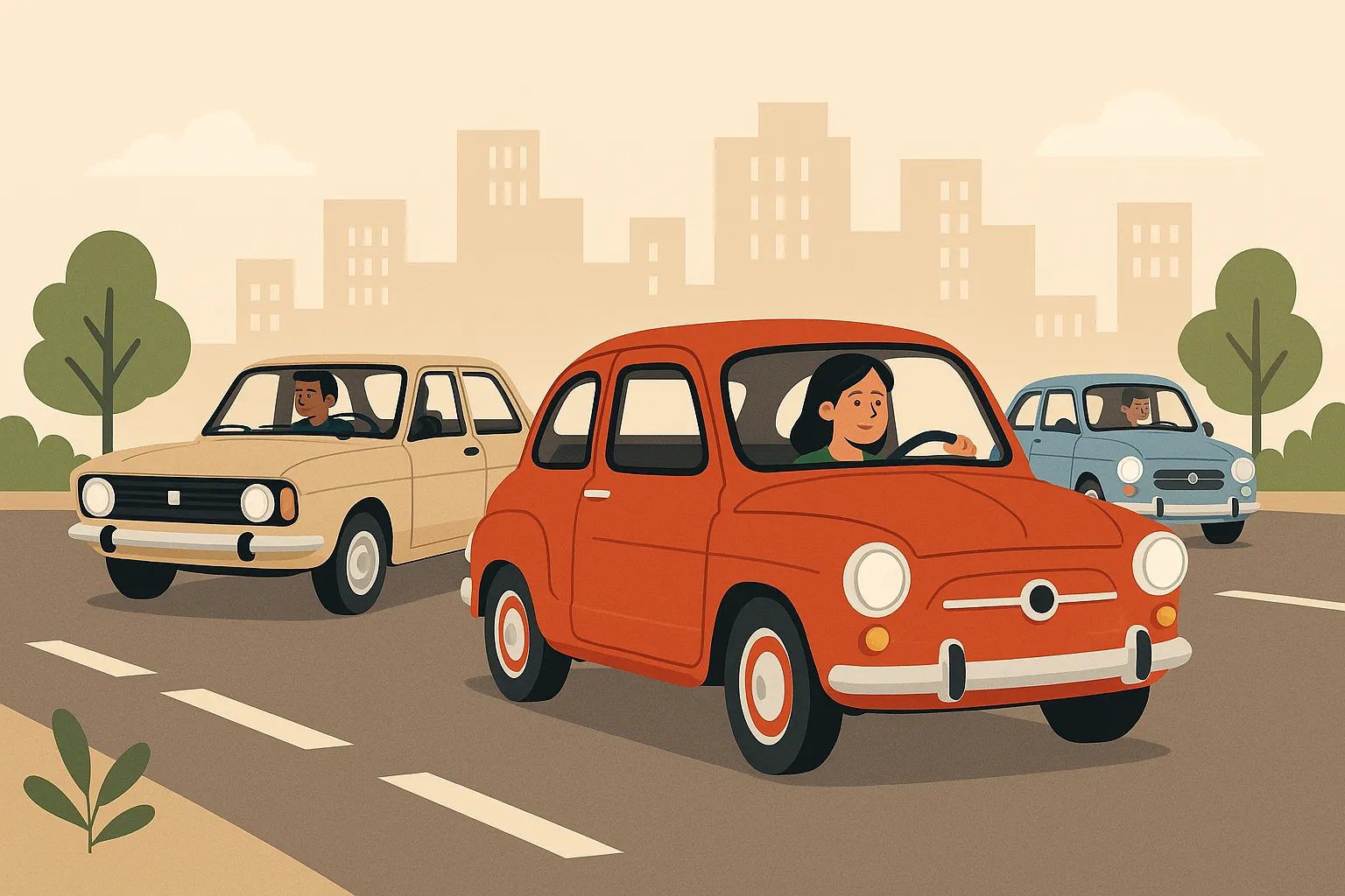 Tres coches clásicos de SEAT circulan por una ciudad con total garantía gracias a que tienen un seguro de coche para históricos.