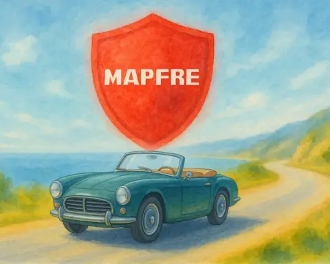 Ilustración de un coche histórico protegido por un escudo rojo con el nombre de Mapfre.