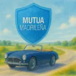 Ilustración de un coche histórico protegido por un escudo azul de Mutua Madrileña.