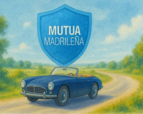 Ilustración de un coche histórico protegido por un escudo azul de Mutua Madrileña.
