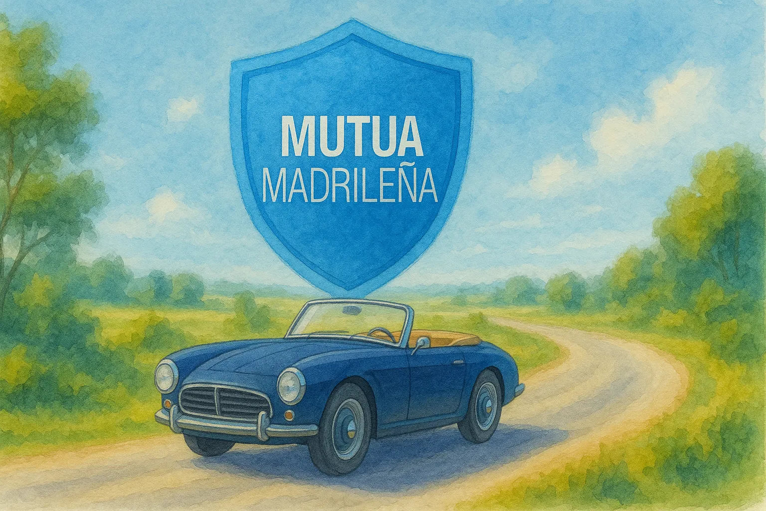Ilustración de un coche histórico protegido por un escudo azul de Mutua Madrileña.