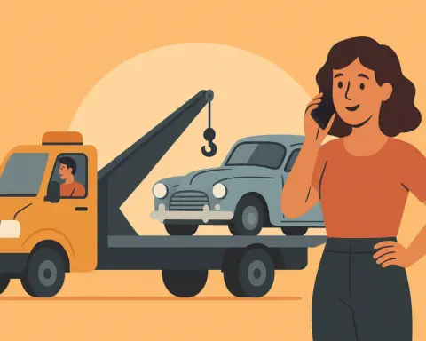 Grúa remolcando coche histórico mientras una mujer habla por teléfono.