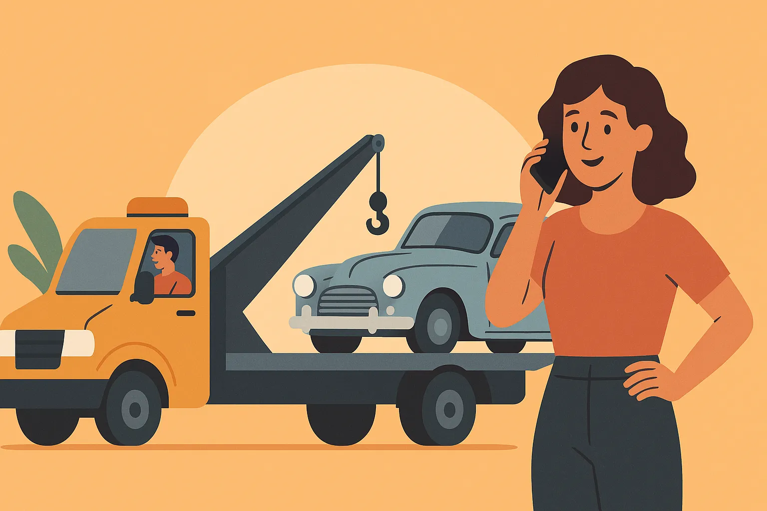 Grúa remolcando coche histórico mientras una mujer habla por teléfono.